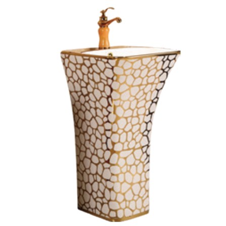 Chậu rửa lavabo chân đứng hoa văn mạ vàng Bancoot CD20G