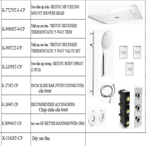 Sen cây tắm âm tường nhiệt Kohler K-99868T-9-CP-K-77276T-L-CP ( Bát trần 60x80cm)
