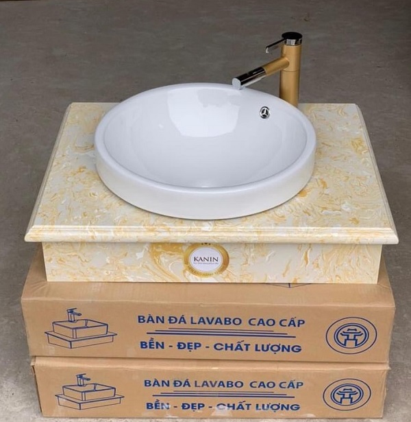 Bộ bàn đá 2 tầng chậu rửa lavabo đá nhân tạo màu ghi vân mây HM-8619GR - Image 5