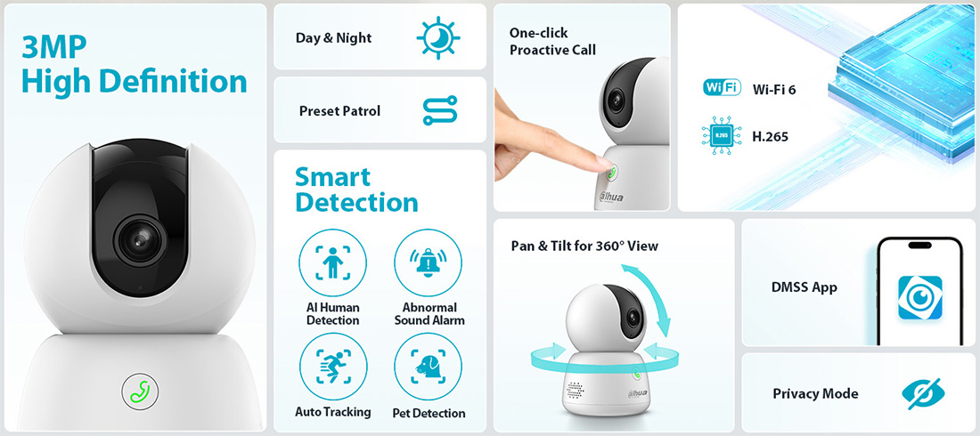 Camera DAHUA DH-H3B (Wifi 3MP, quay quét, loa mic đàm thoại, nút gọi điện) - 5