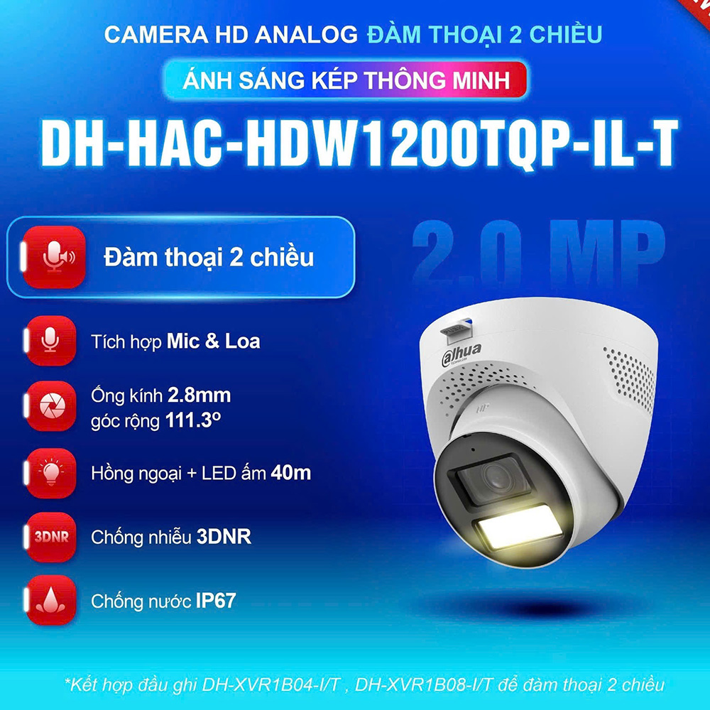 Camera DAHUA DH-HAC-HDW1200TQP-IL-T (Dome 2MP, Loa Mic, Ánh sáng kép) - 3