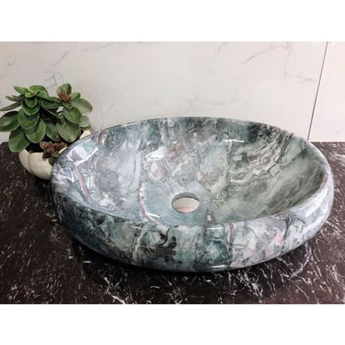 Chậu đá mỹ nghệ tự nhiên tròn màu trắng vân nâu BST16 (D42) - Image 5
