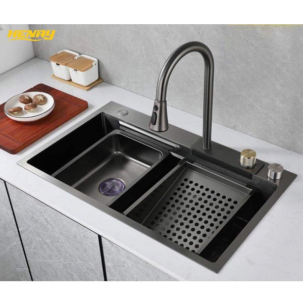 Chậu rửa bát 1 hố chống xước kiểu dáng Nhật Bản bề mặt Linen màu xám ghi Henry 8248 (82x48cm) - Image 4