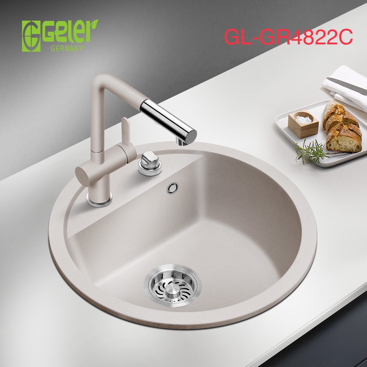 Chậu rửa bát đá 1 hố màu be Geler GL-GR 4822C (480x480x205mm)
