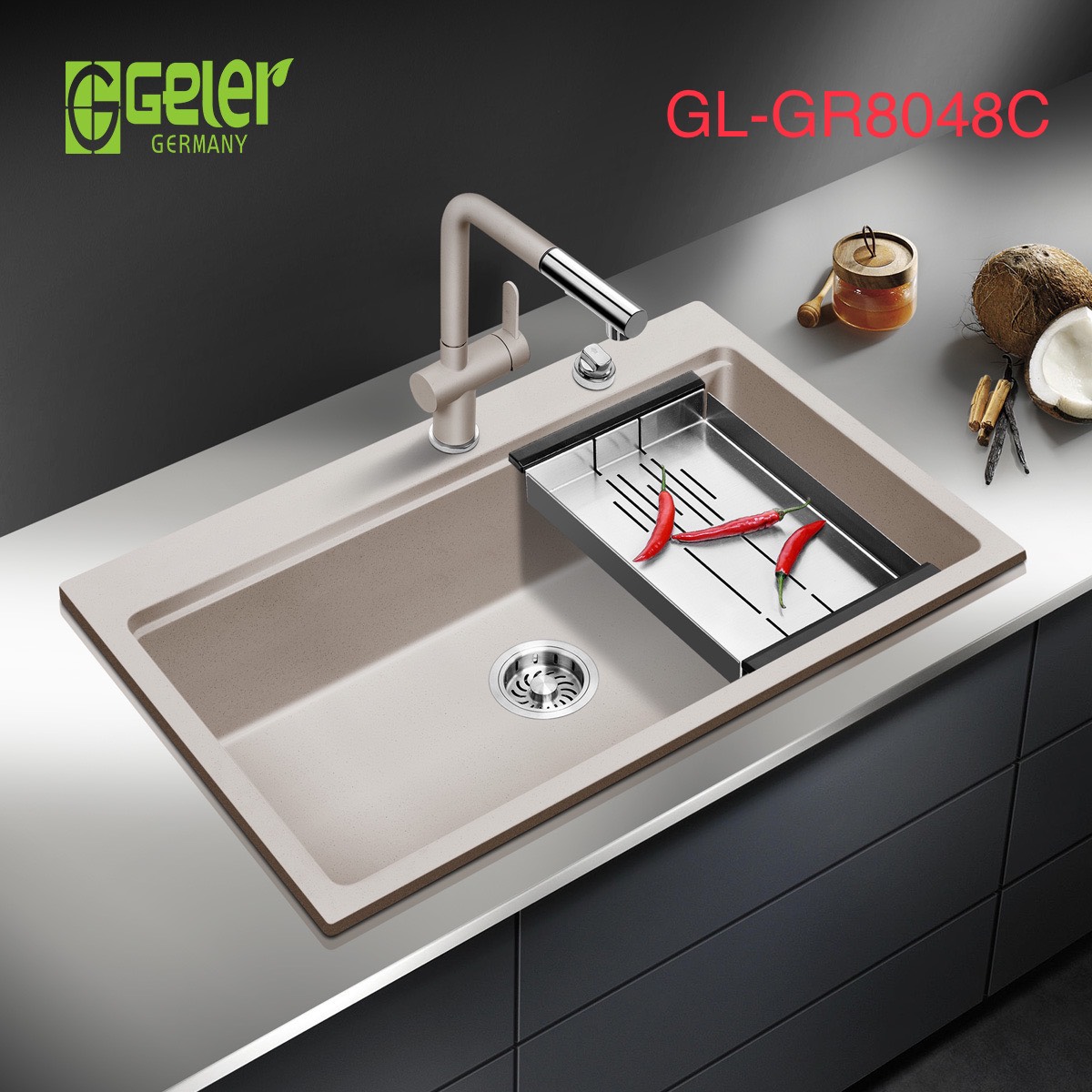 Chậu rửa bát đá 1 hố màu be Geler GL-GR 8048C (800x480x205mm)