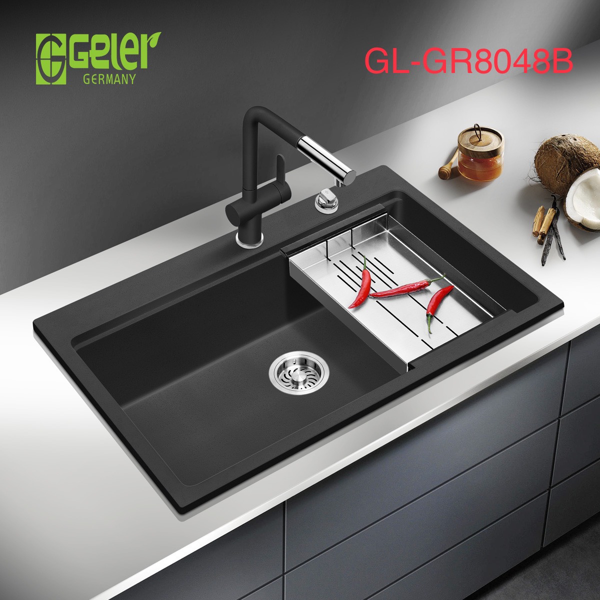 Chậu rửa bát đá 1 hố màu đen Geler GL-GR 8048B (800x480x205mm)