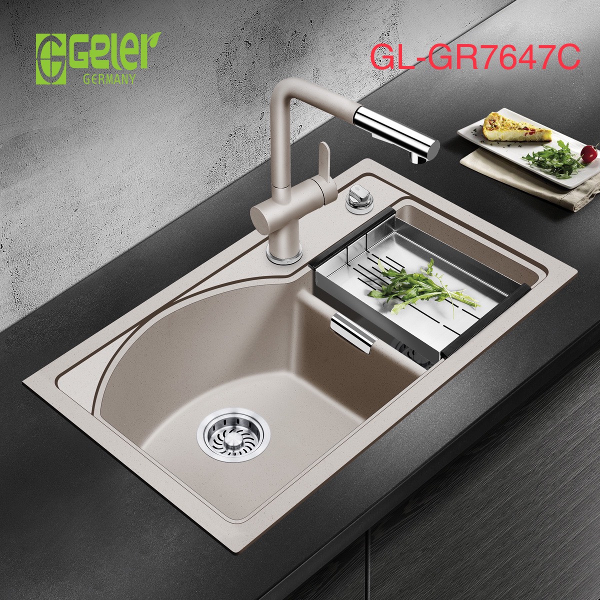 Chậu rửa bát đá 2 hố lệch màu be Geler GL-GR 7647C (760x470x205mm)