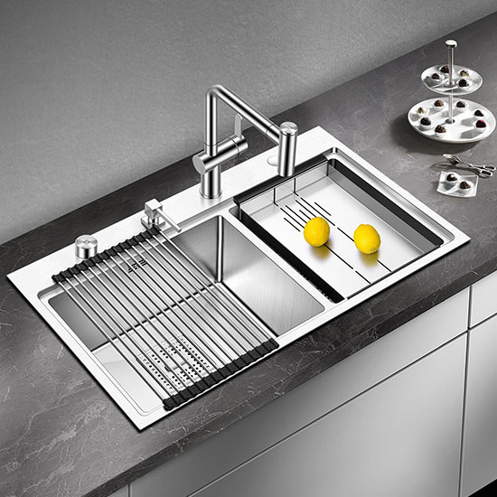 Chậu rửa bát đá 2 hố lệch màu be Geler GL-GR 7647C (760x470x205mm) - Image 3