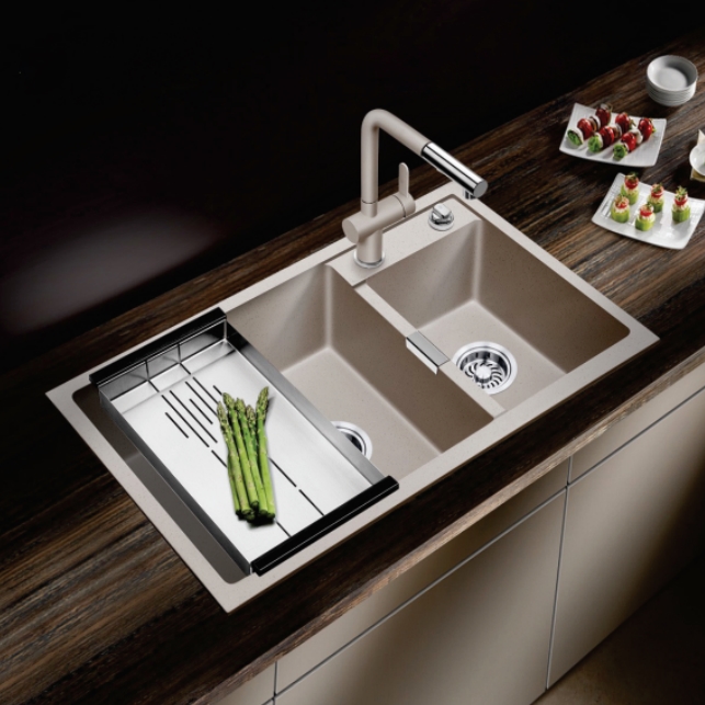 Chậu rửa bát đá 2 hố lệch màu be Geler GL-GR 8647C (860x470x205mm)