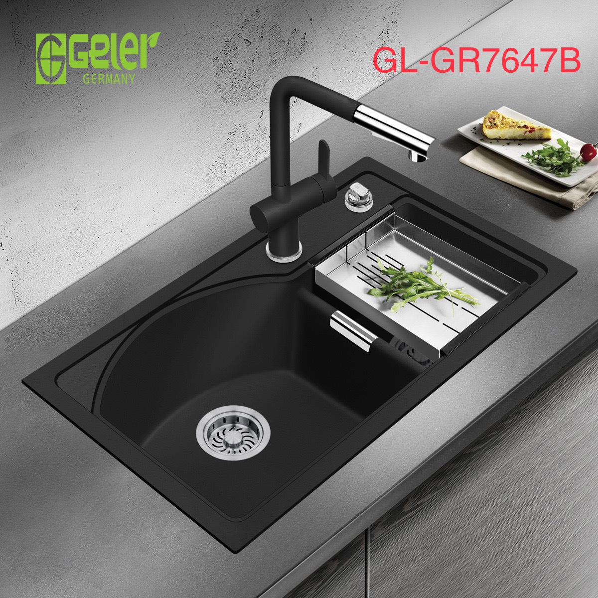 Chậu rửa bát đá 2 hố lệch màu đen Geler GL-GR 7647B (760x470x205mm)