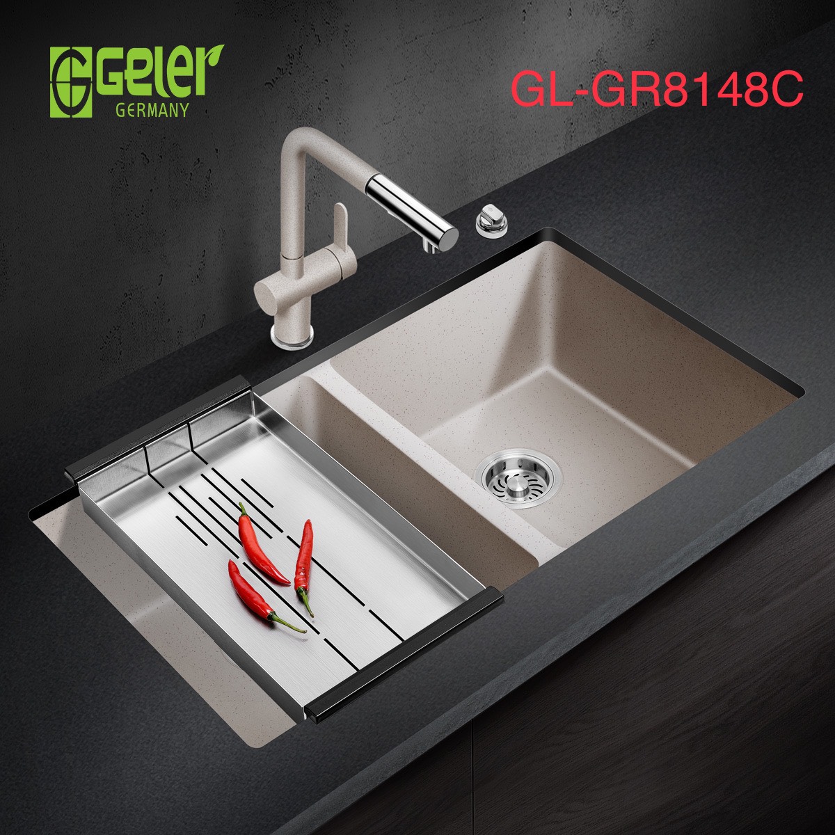 Chậu rửa bát đá 2 hố màu be Geler GL-GR 8148C (815x485x205mm)