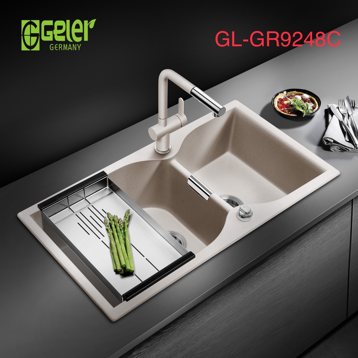 Chậu rửa bát đá 2 hố màu be Geler GL-GR 9248C (920x490x205mm)