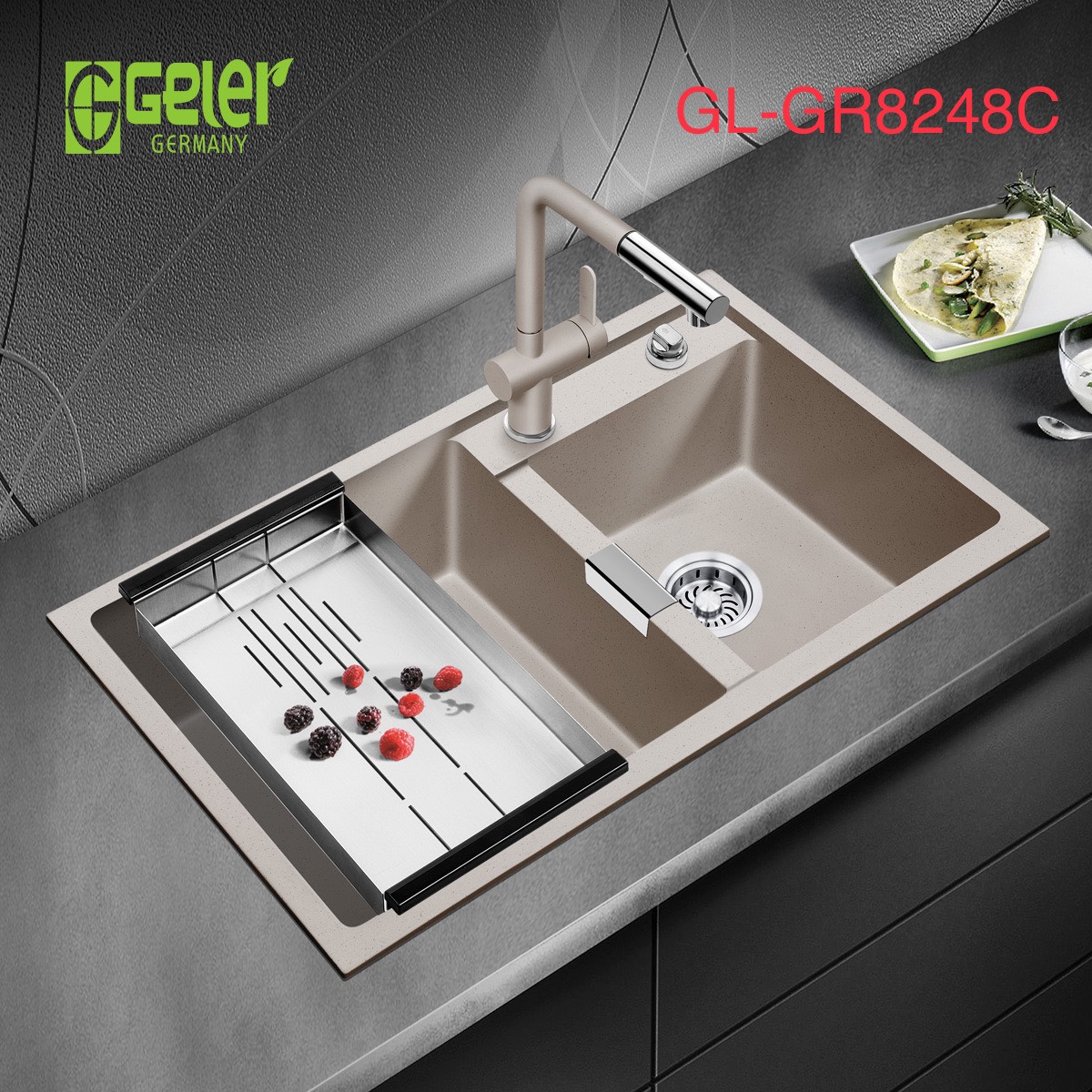 Chậu rửa bát đá 2 hố màu be Geler GL-GR805485C (805x405x200mm) - Image 5