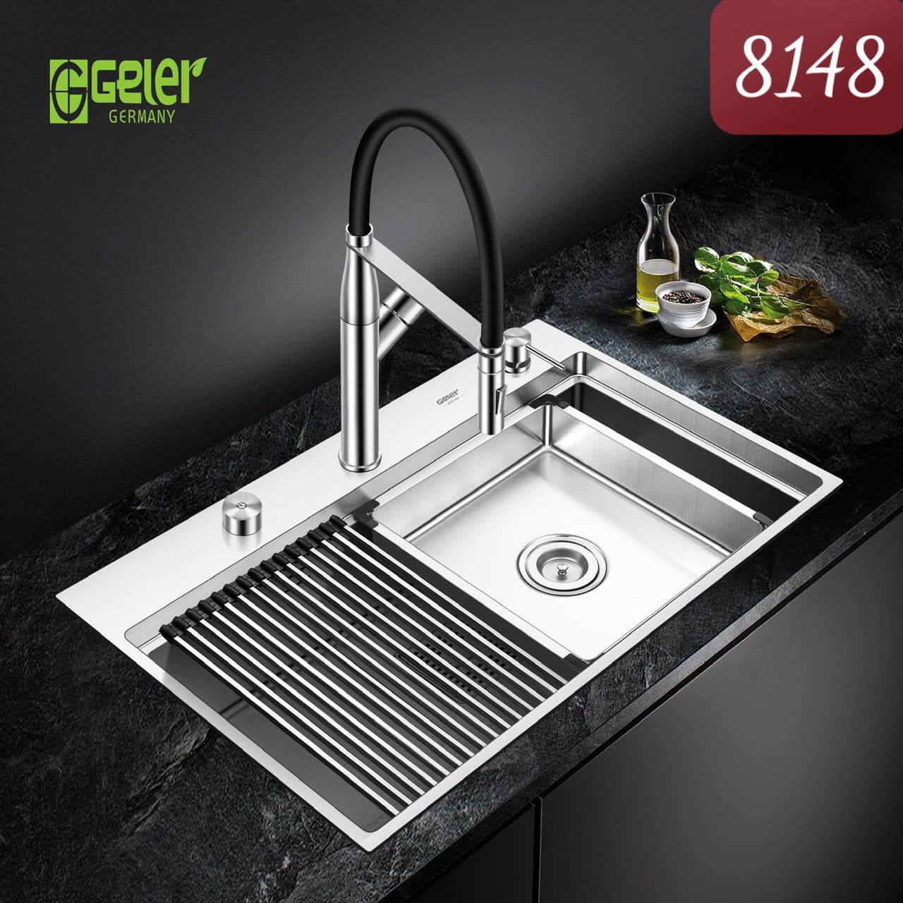 Chậu rửa bát đá 2 hố màu đen Geler GL-GR 8248B (820x480x205mm) - Image 5