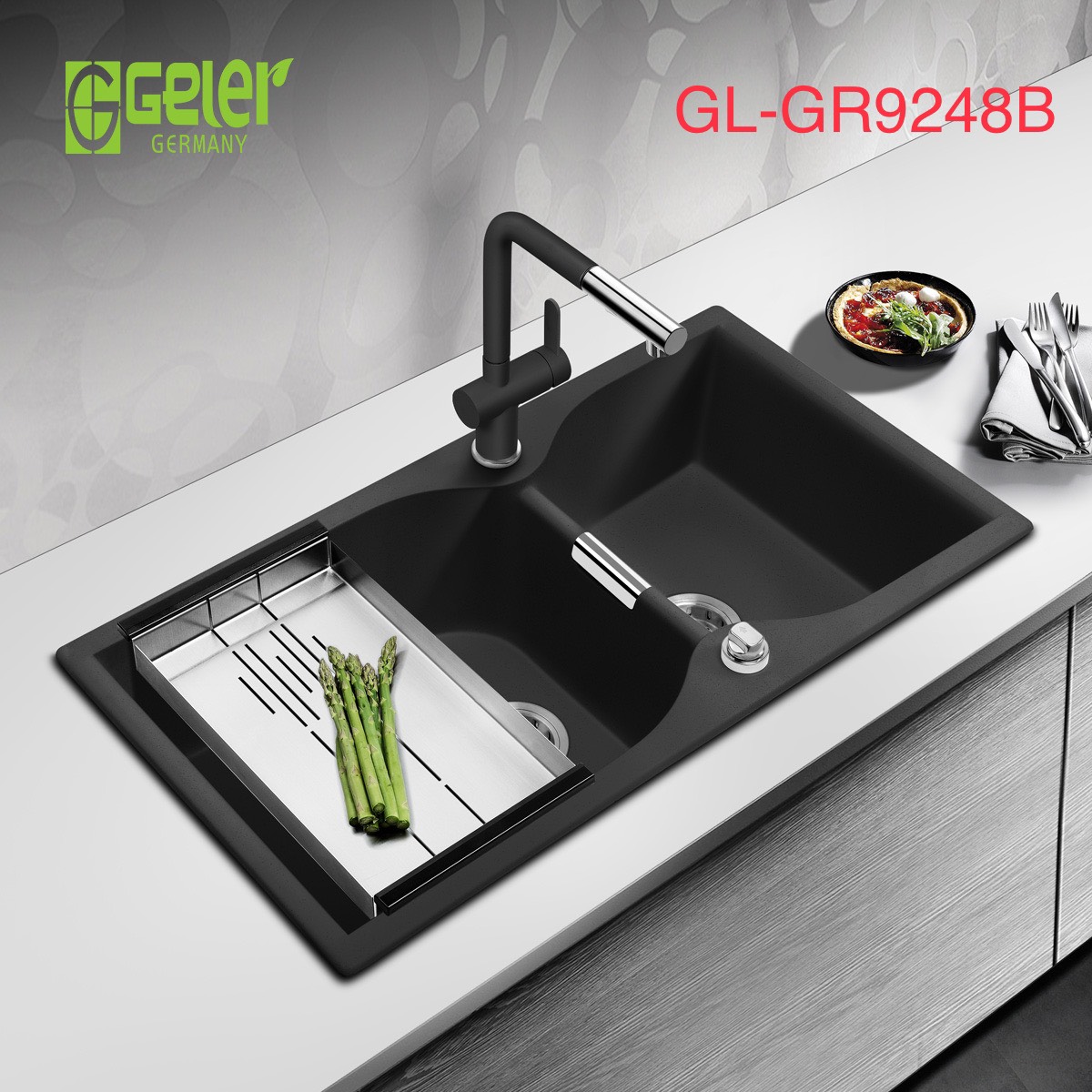 Chậu rửa bát đá 2 hố màu đen Geler GL-GR 9248B (920x490x205mm)