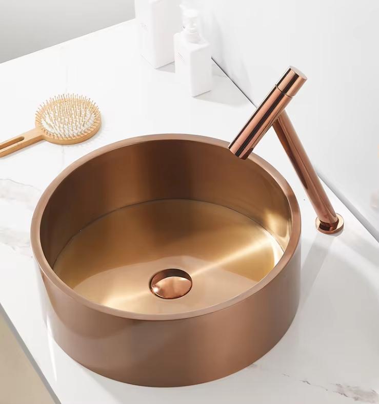 Chậu rửa lavabo hình tròn Inox 304 màu vàng đồng Miken MKC-3611CU (380x380x110 / 400x400x130mm / 420x420x 140mm)