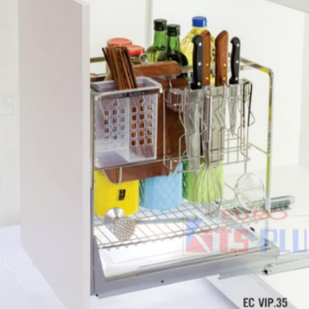 Giá dao thớt nan dẹt inox mờ - ray giảm chấn Eurokit EC VIP.35