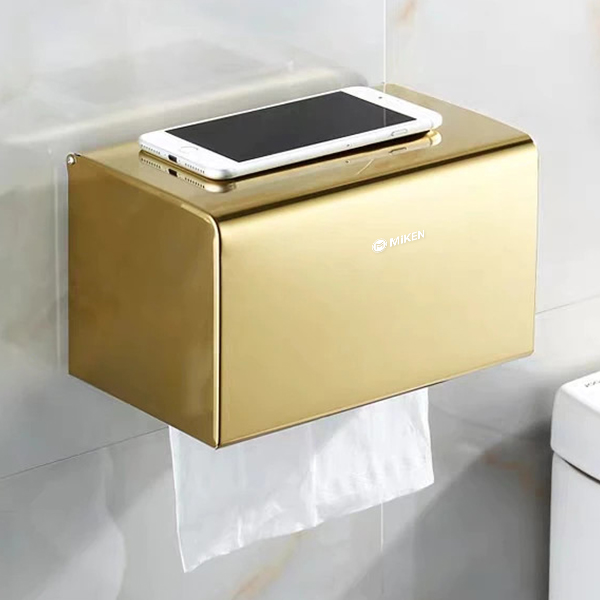 Hộp đựng giấy vệ sinh, giấy lau tay Inox 304 treo tường màu vàng bóng Miken MK-1054GB