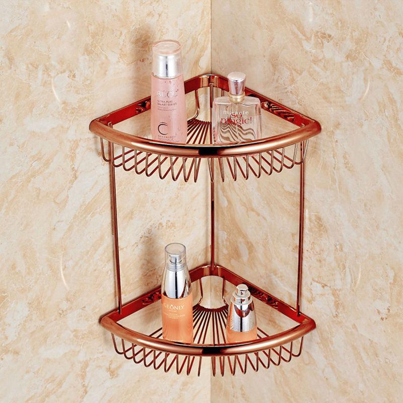 Kệ góc đựng dầu gội treo tường màu vàng hồng Rose Gold 2 tầng Miken AL-PH30