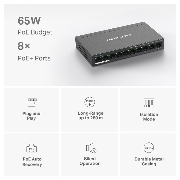 Switch POE 10 cổng 10/100Mbps với 8 cổng PoE+ Mercusys MS110P - Image 2