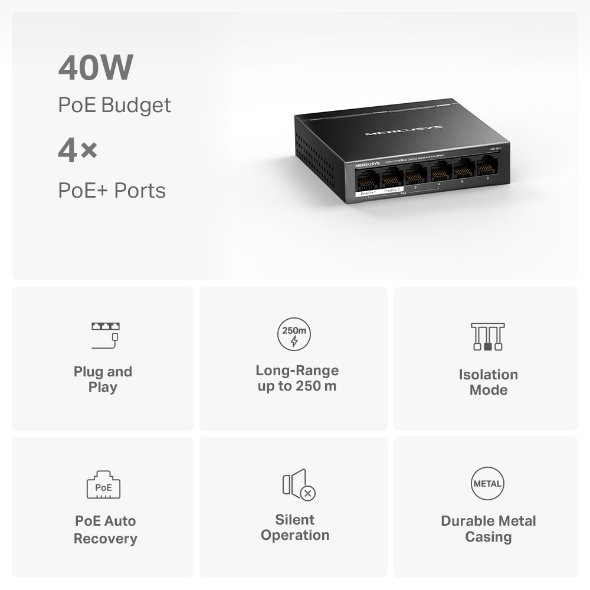 Switch 6 cổng 10/100Mbps với 4 cổng PoE+ Mercusys MS106LP - Image 3