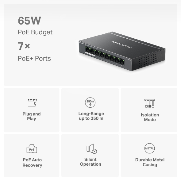 Switch chia mạng Mercusys MS108GP Gigabit 8 Cổng với 7 cổng PoE+ - Image 2