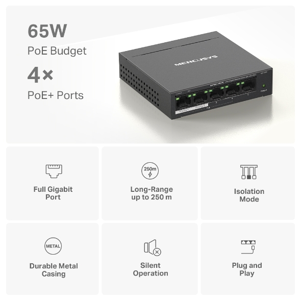 Switch Để Bàn 5 Cổng Gigabit với 4 Cổng PoE+ Mercusys MS105GP - Image 3