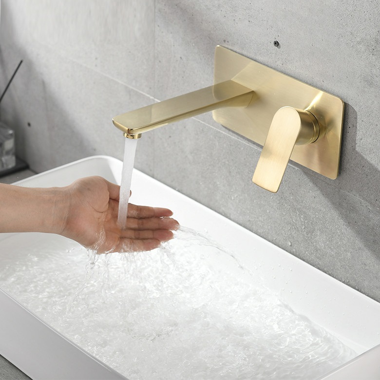 Vòi chậu lavabo âm tường màu vàng mờ Miken MKV-309GM - Image 3