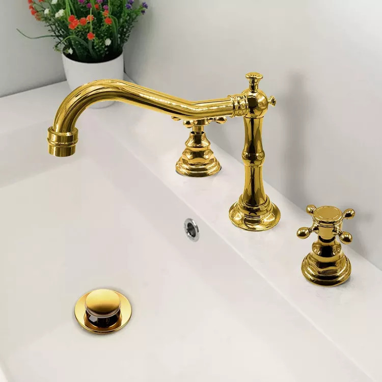 Vòi chậu lavabo vòi bồn tắm 3 lỗ mạ vàng đồng giả cổ mờ MK-225072GM - Image 3